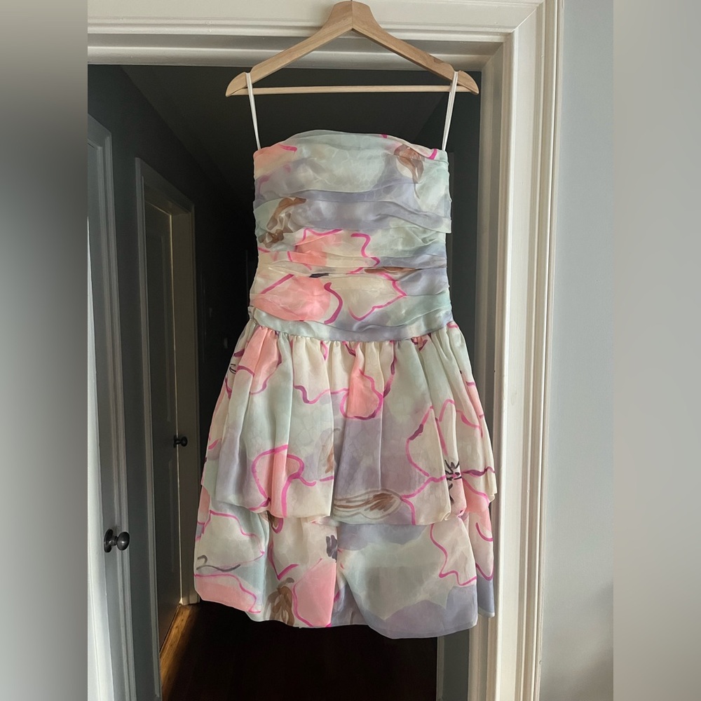 Vintage Richilene Strapless Floral Watercolor Party Dress in Silk Organza